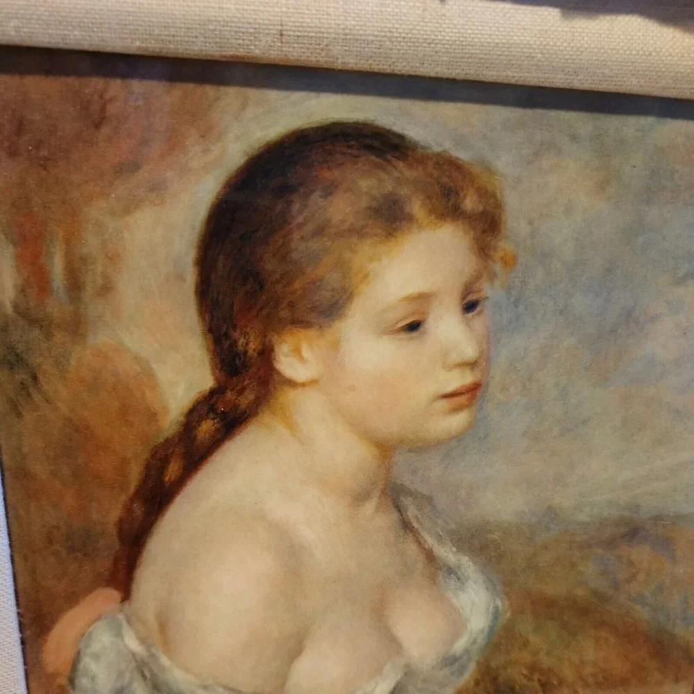 Gold wooden Framed Picture Of Young Girl With Flowers matted 18x16